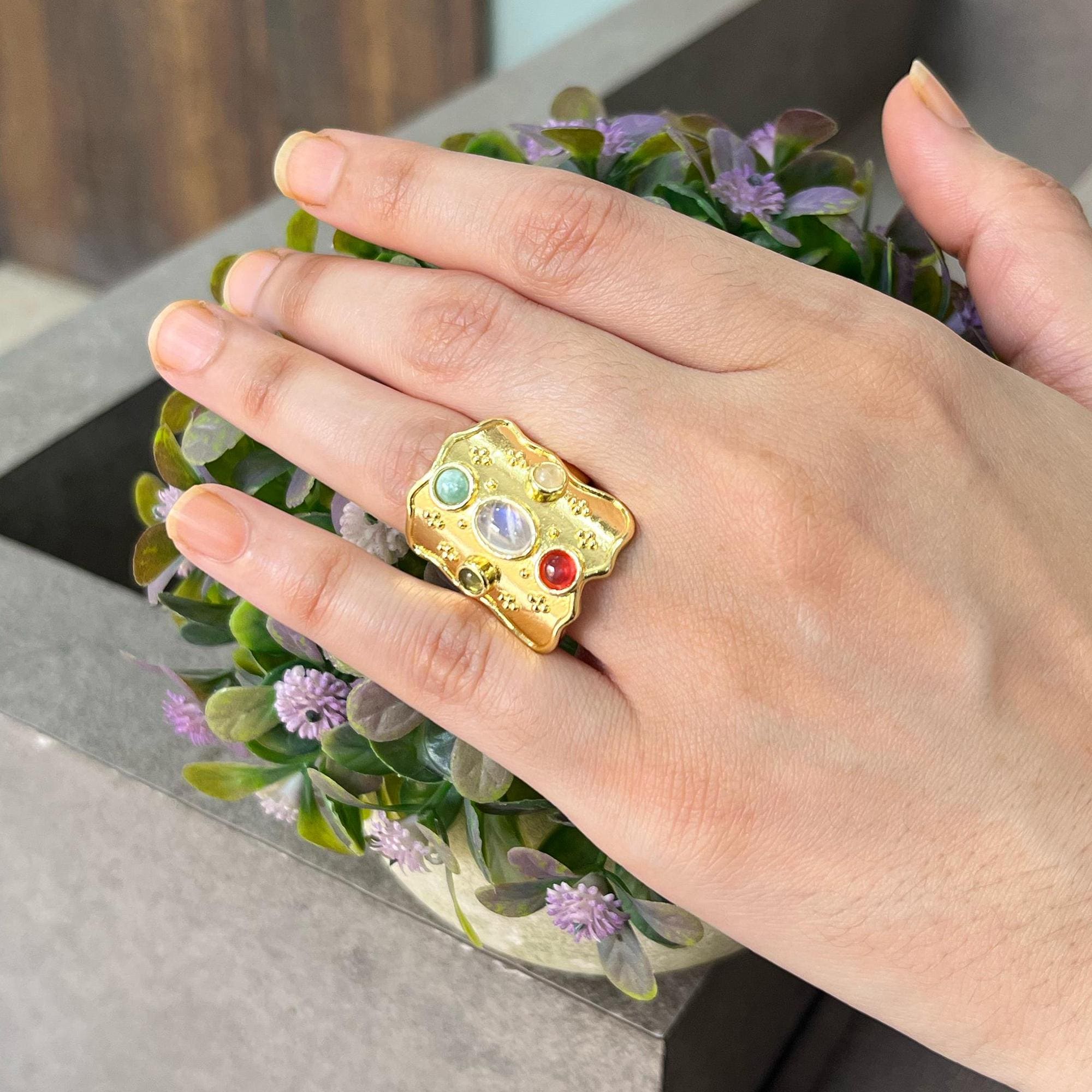 Large Multi Stone Ring: 18k Gold Plated Adjustable Statement Ring