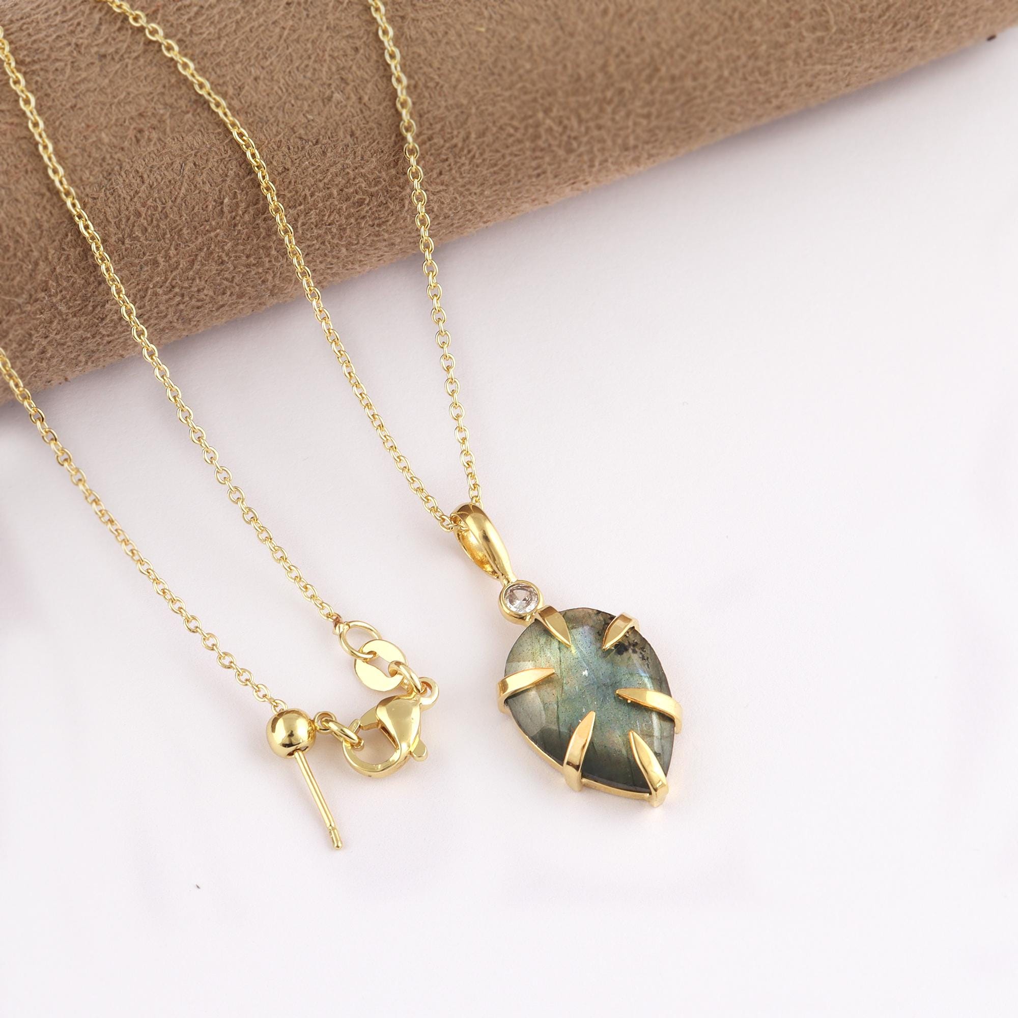 Labradorite Teardrop Pendant Necklace: Gold Dainty Minimalist Gemstone Jewelry