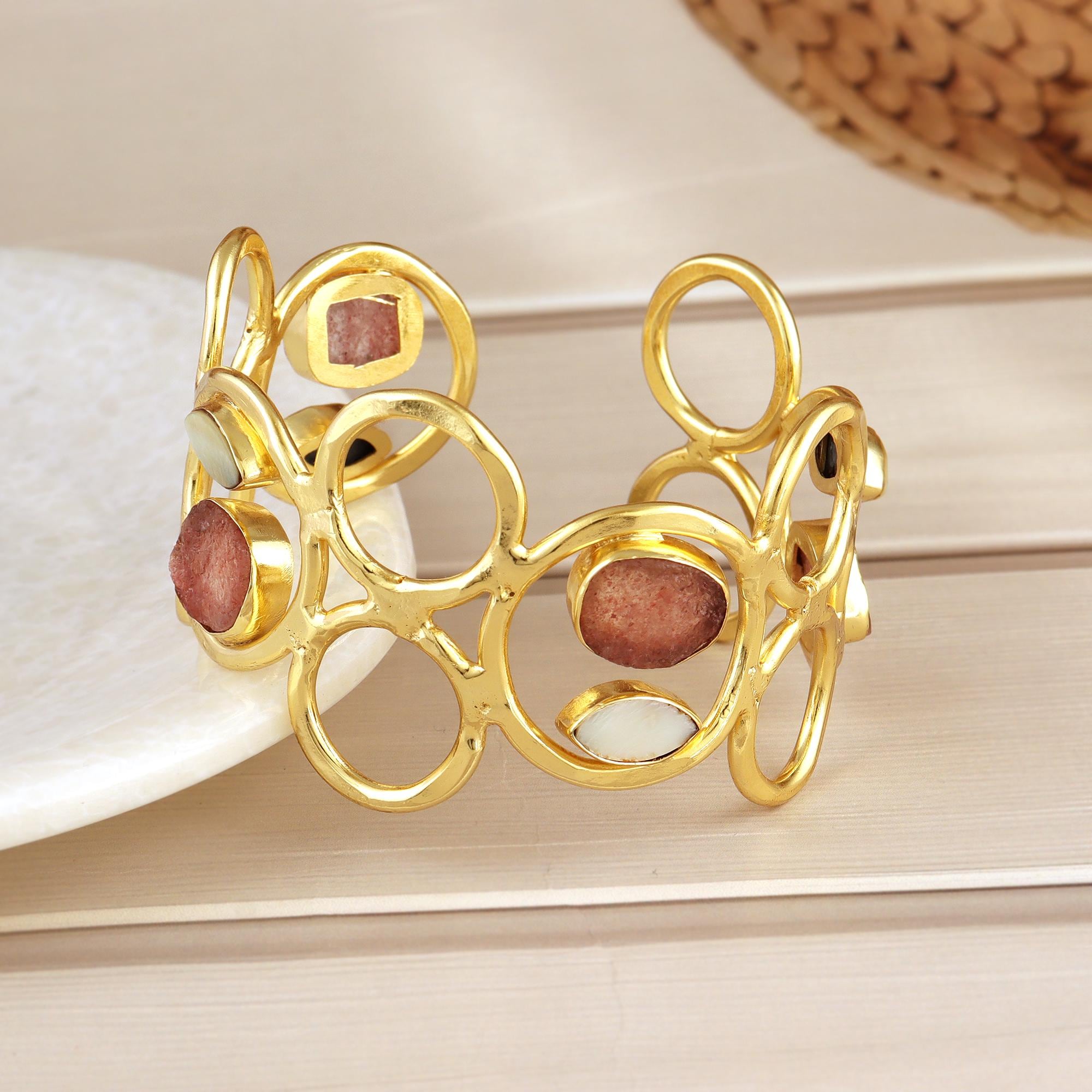 Cherry Quartz Mother of Pearl Cuff Bangle: Gold Tone Statement Bracelet
