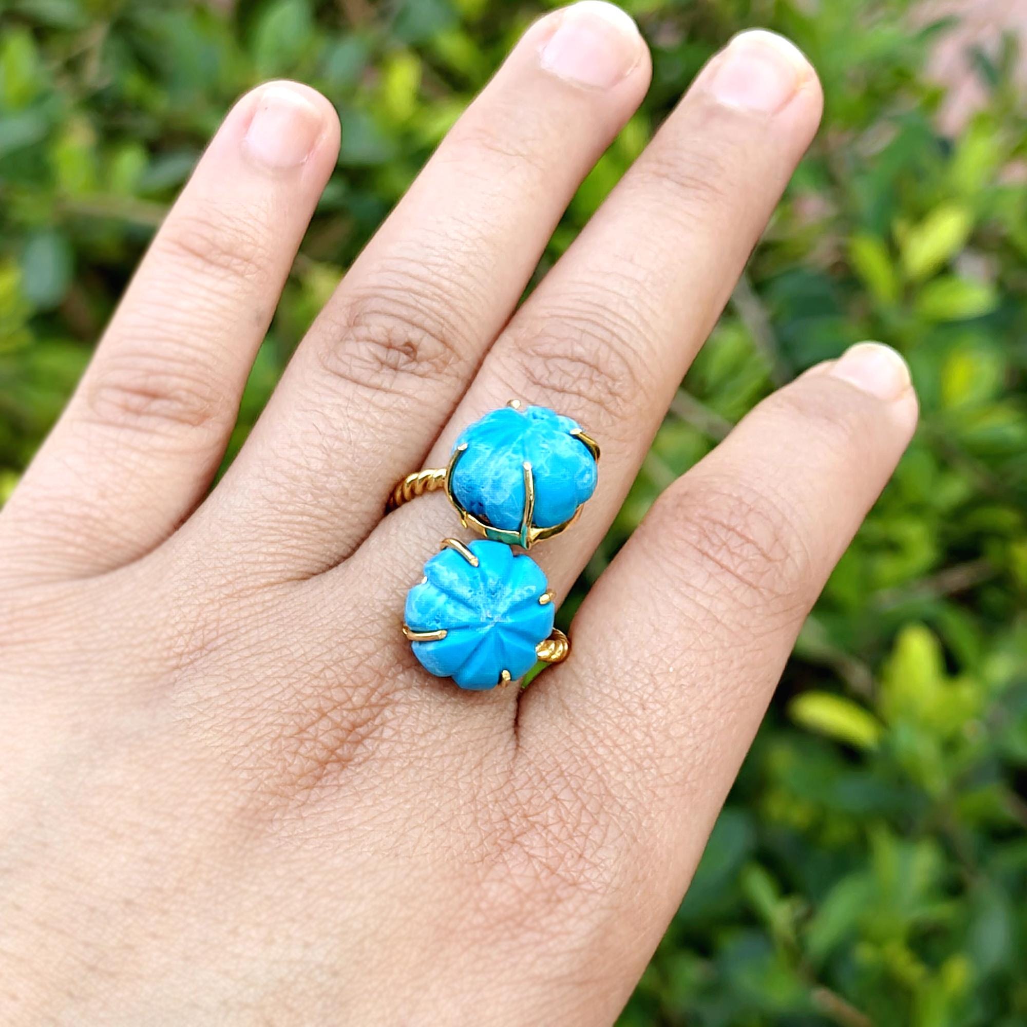 Gold Plated Ring Howlite Turquoise Ring: Hand Carved Melon Shaped Double Gemstone Twisted Band Jewelry
