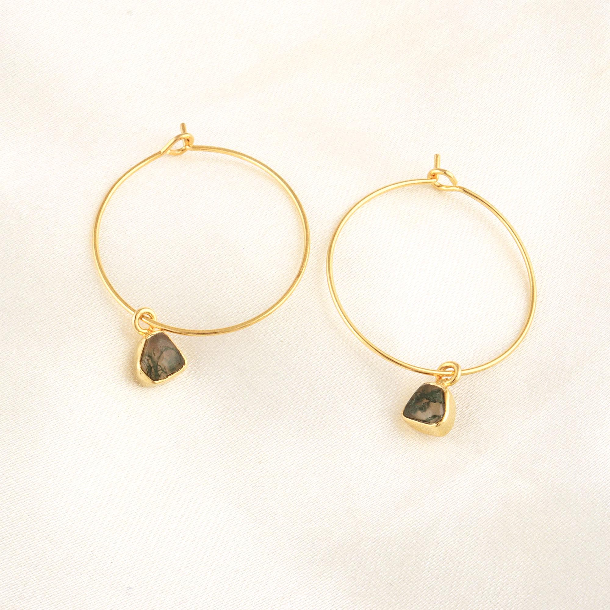 Moss Agate Hoop Earrings in Gold Natural Gemstone Drop Earrings: Minimal Boho Jewelry
