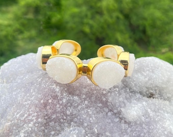 White Sugar Druzy Cuff Bracelet - 18k Gold Plated Bohemian Bangle for Her