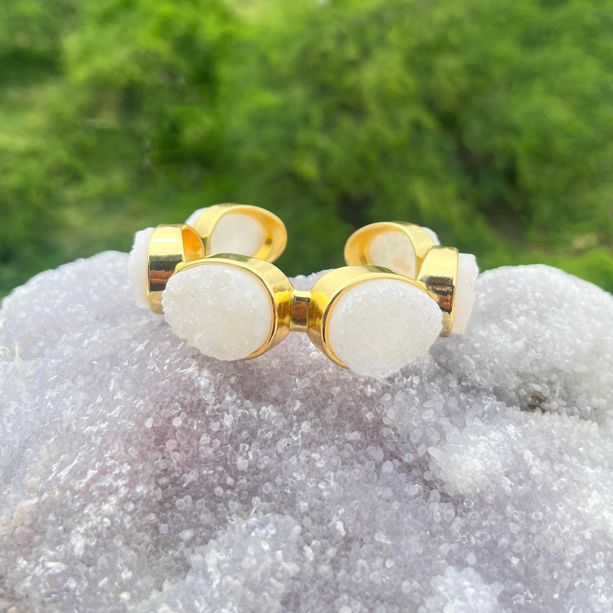 White Sugar Druzy Cuff Bracelet - 18k Gold Plated Bohemian Bangle for Her