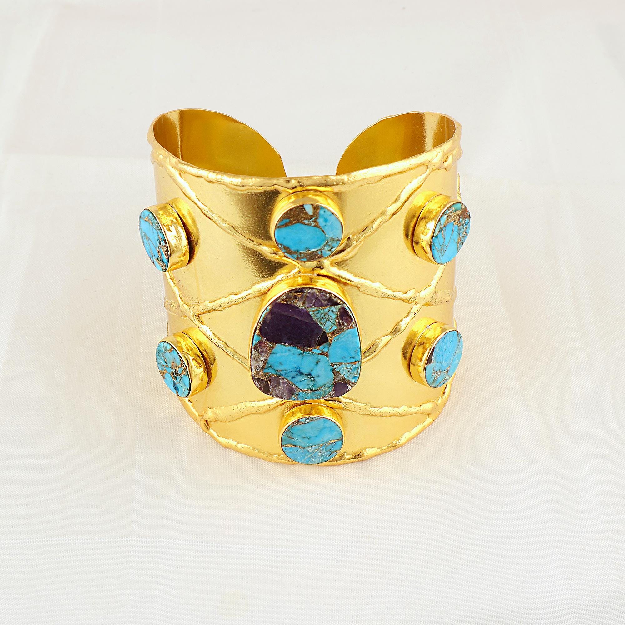Sky Blue Copper Turquoise Gold Cuff Bracelet: 18k Gold Plated Adjustable Boho Wide Bangle