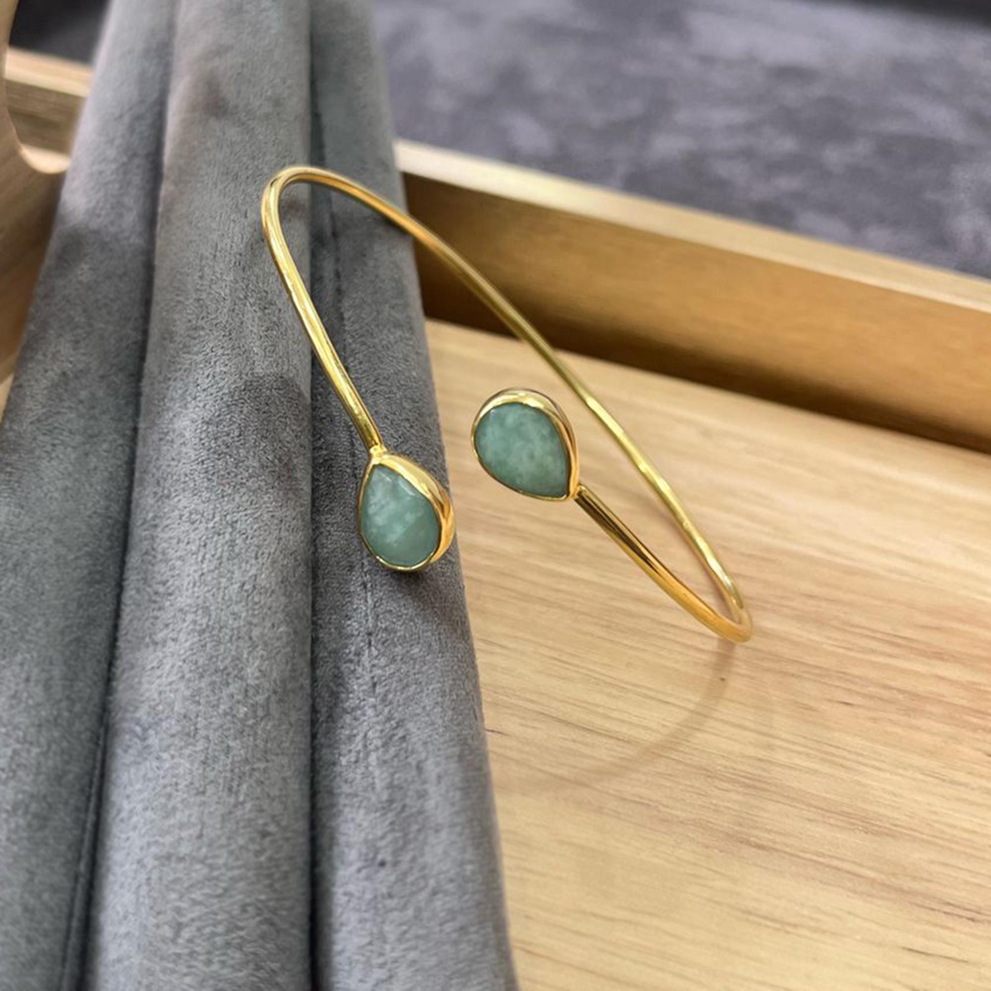 Handmade Amazonite Cuff Bracelet: Gold Plated Brass Bangle