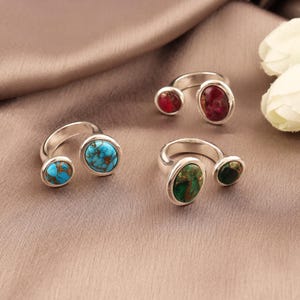Oval Copper Turquoise Silver Plated Gemstone Rings - Natural Double Stone Ring