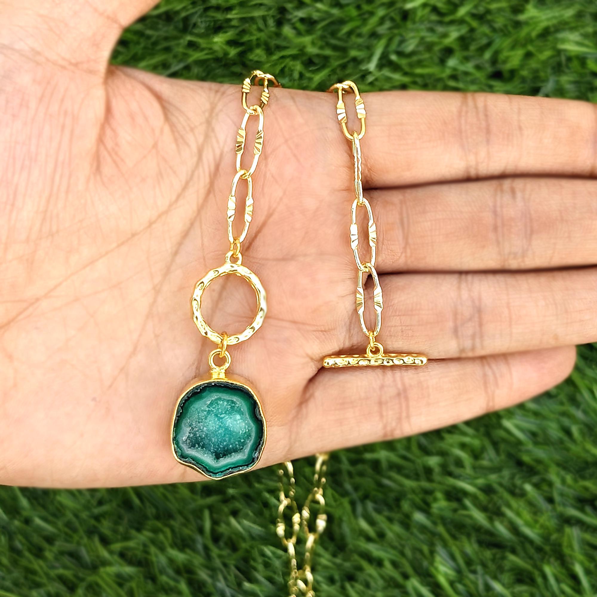 Raw Green Geode Druzy Necklace: Gold Plated Statement Pendant Jewelry