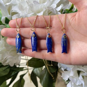 Lapis Lazuli Fish Necklace in 18k Gold Plated, Blue Gemstone Pendant with Small Stone Eye, Animal Fish Pendant, Trendy Cute Fish Necklace