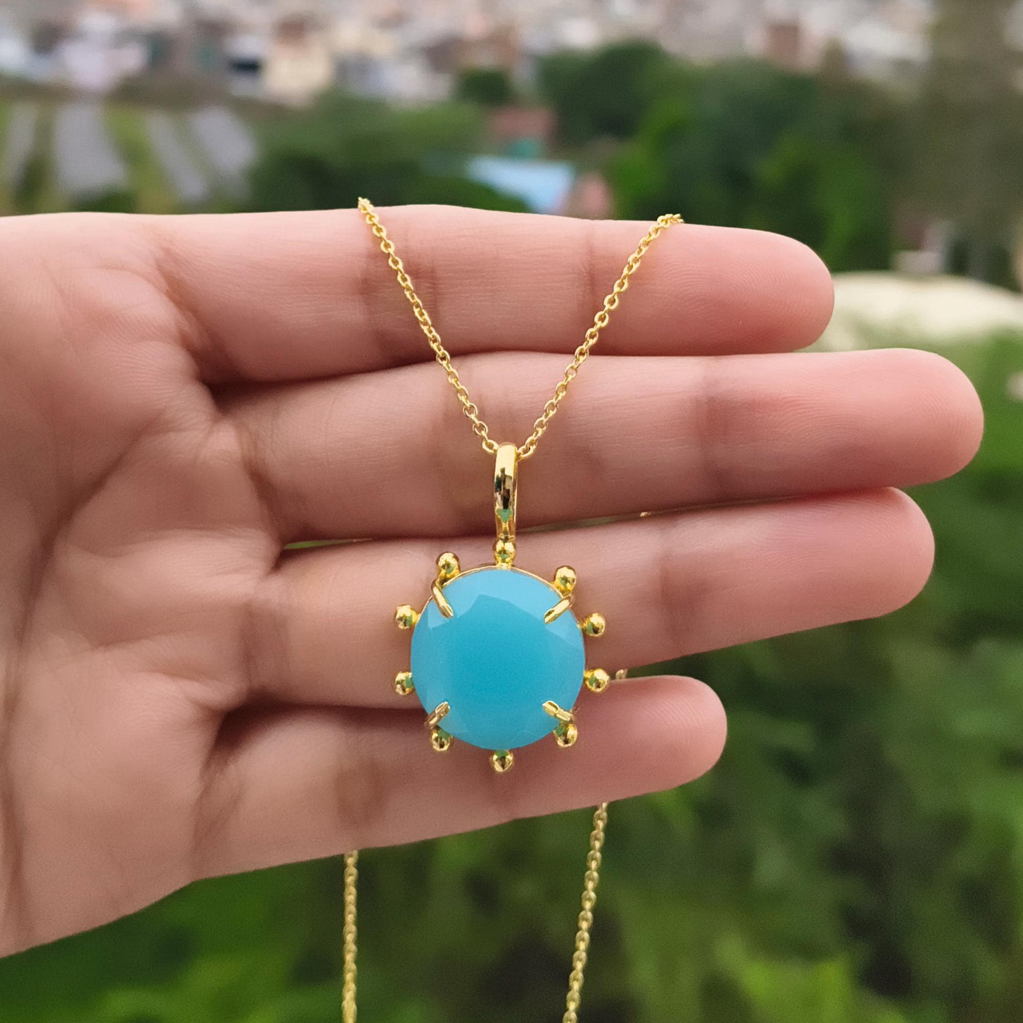 Sky Blue Chalcedony Necklace: Prong Setting Gold Plated Designer Pendant