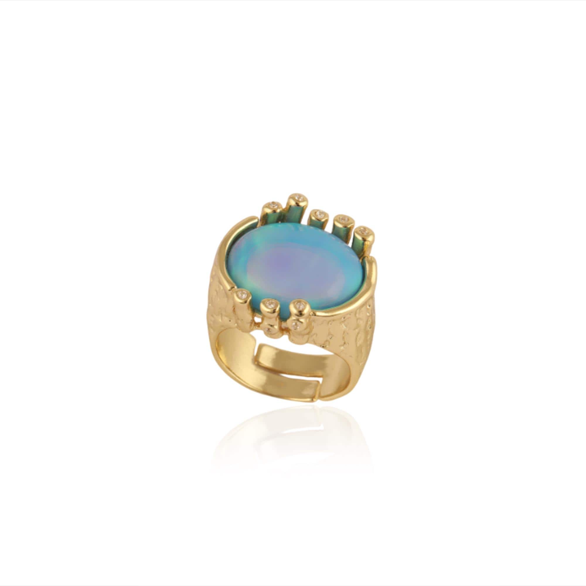 Fire Opal Oval Ring: Gold Plated Textured Adjustable Band