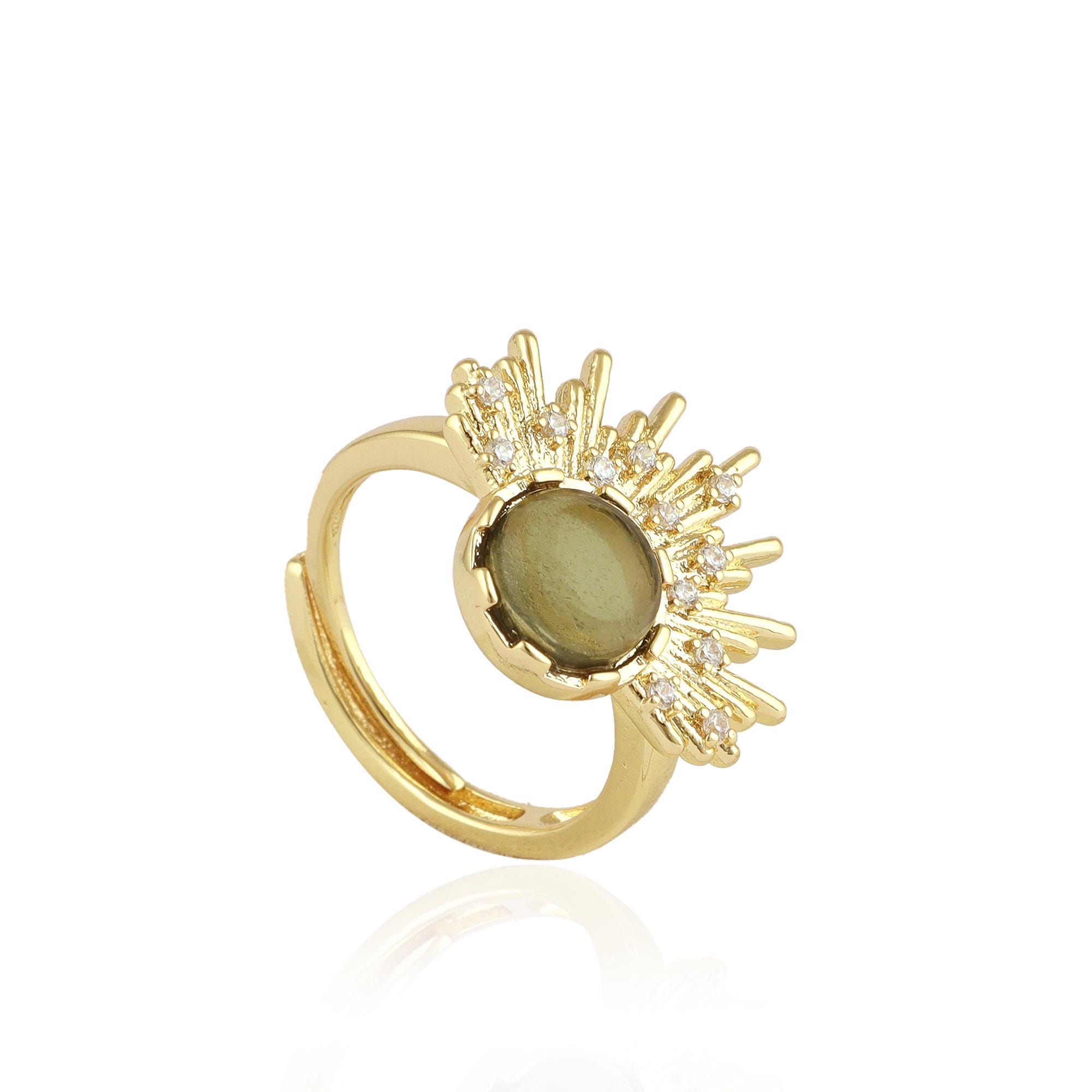 Moldavite Sunburst Ring: 18k Gold Plated Healing Crystal