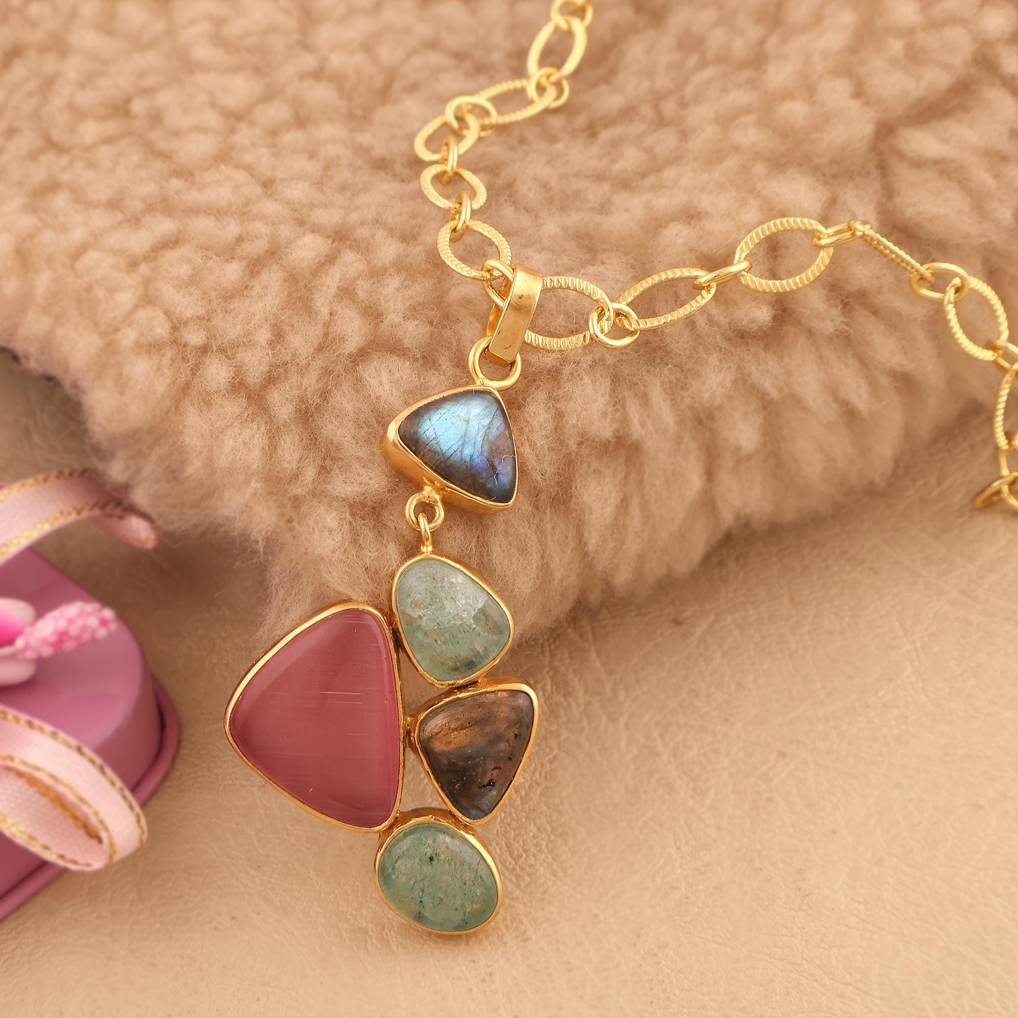 Elegant Multistone Necklace: 18k Gold Plated Labradorite, Cat's Eye Pendant