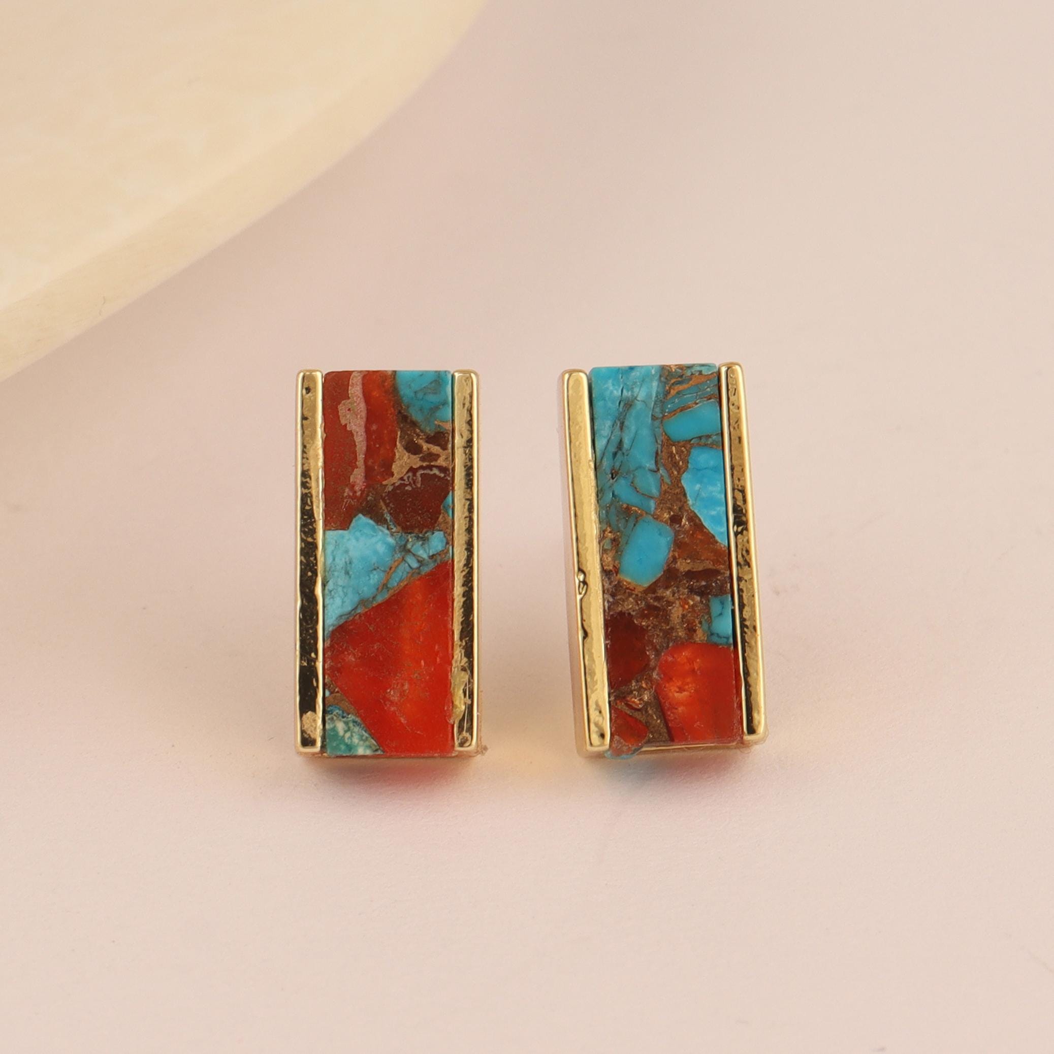 Mohave Turquoise Bar Earrings: Gold Plated Brass Studs
