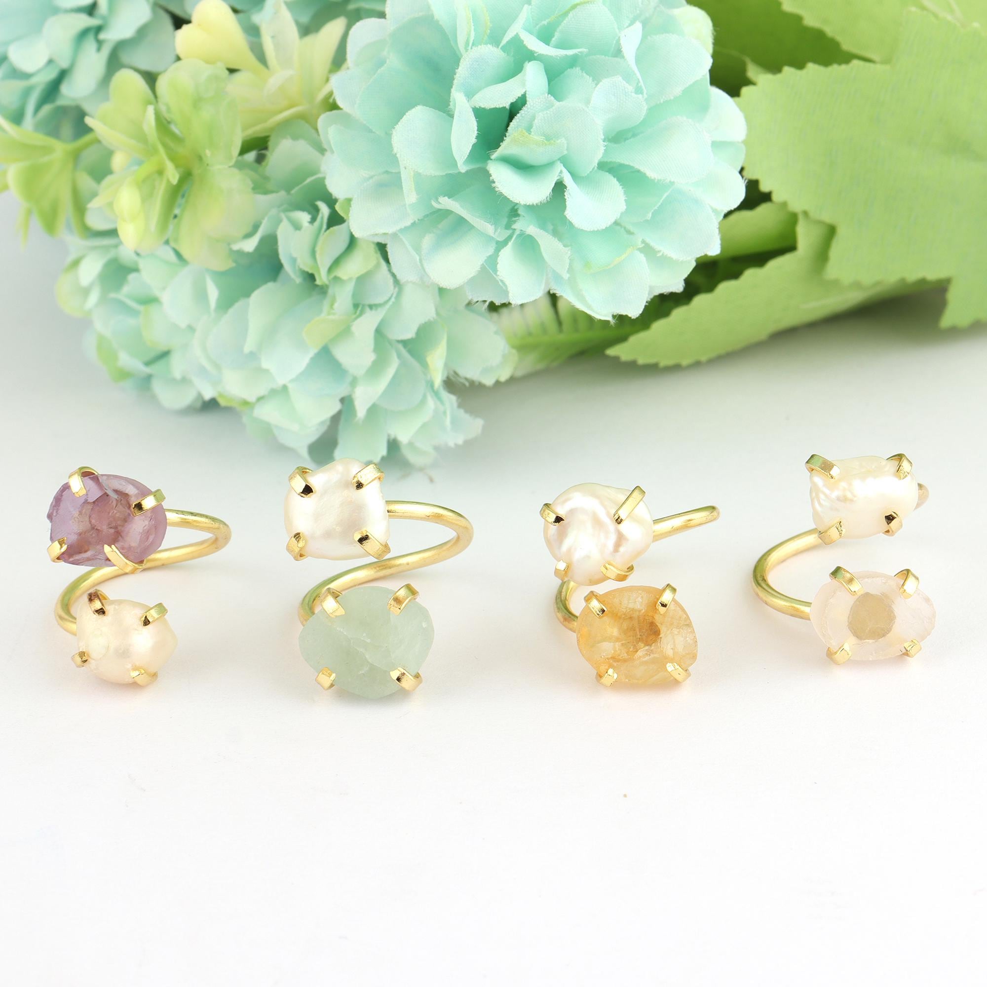 Natural Raw Gemstone and Pearl Ring – 18k Gold Plated Adjustable Dual Stone
