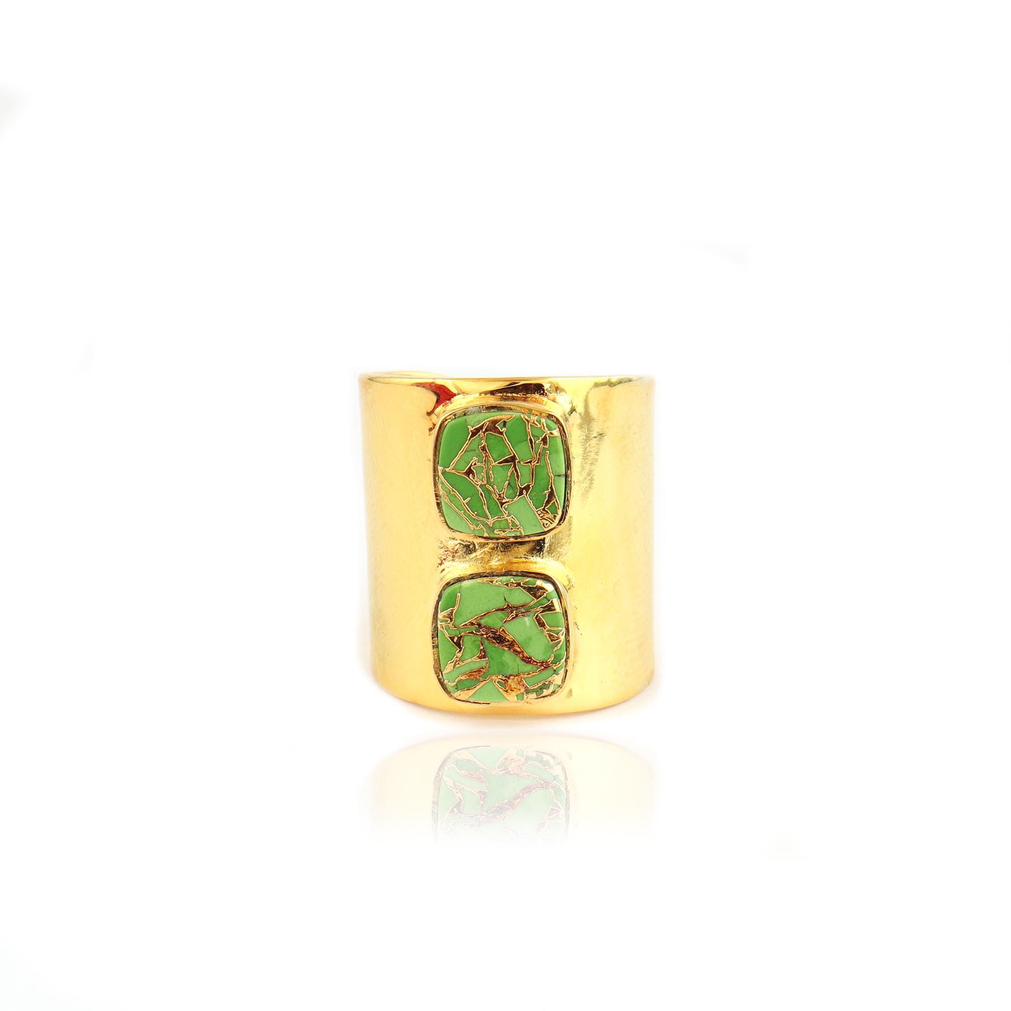 Green Copper Turquoise Ring: 18k Gold Plated Adjustable Cuff