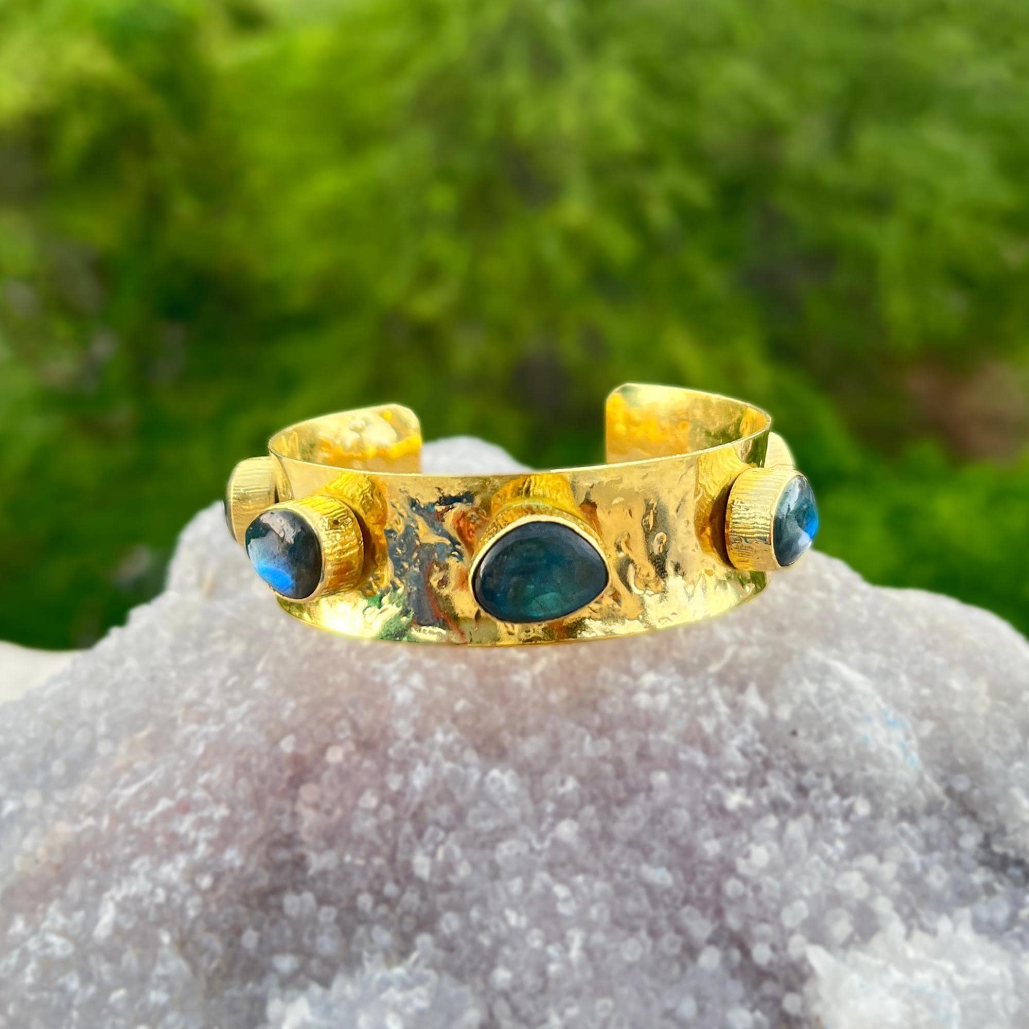 Multi Gemstone Labradorite Cuff: Blue Fire Inlaid Colored Stones Bangle