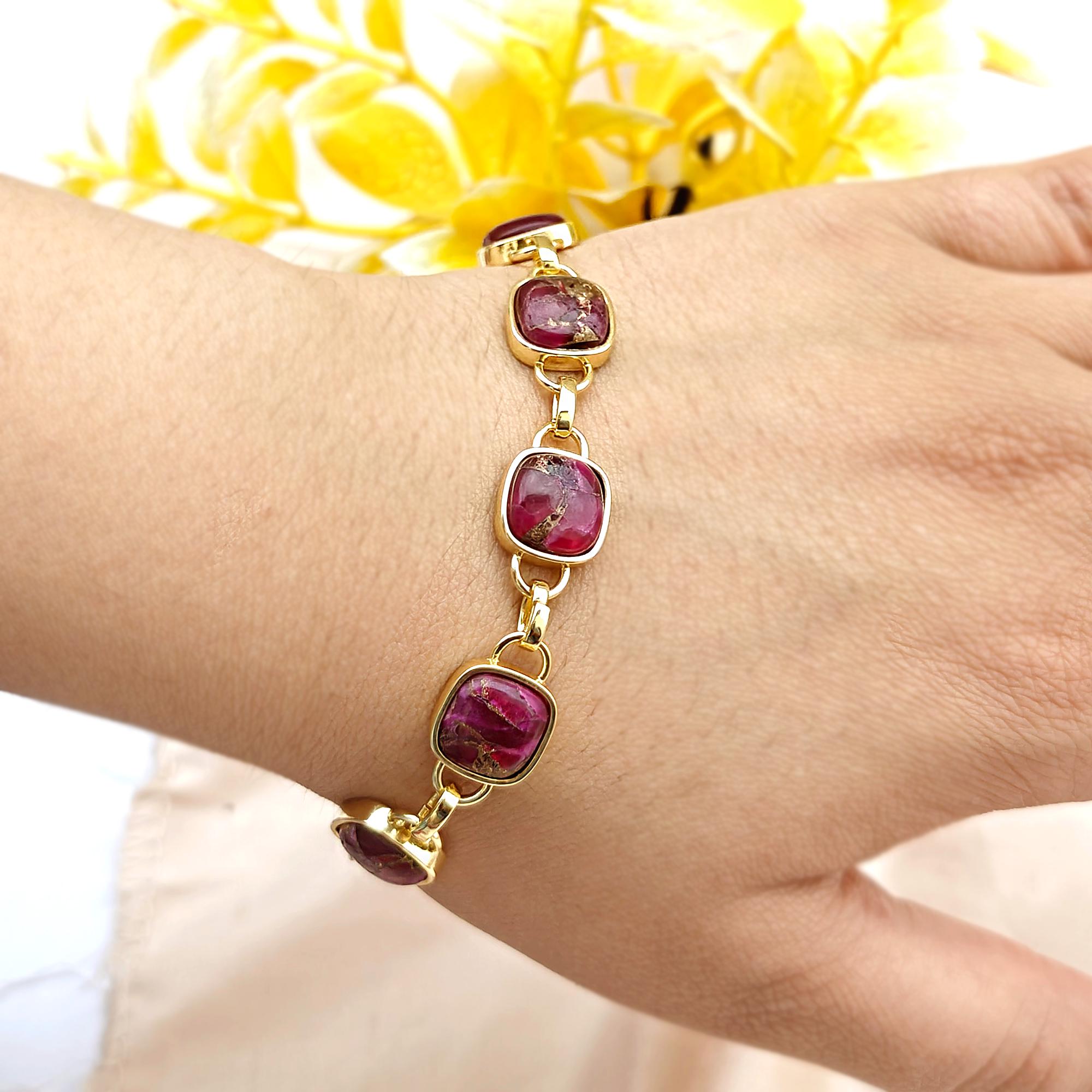 Ruby or Sapphire Copper Turquoise Bracelet: Gold Plated Gemstone Cuffs