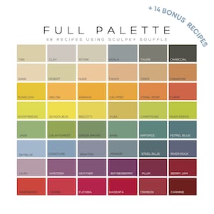 Puede incluir: Una carta de colores con 48 tonos diferentes de arcilla polimérica, organizada en filas y columnas. Cada color está etiquetado con su nombre, como "Tan", "Clay", "Stone", "Koala", "Taupe", "Charcoal", "Sand", "Desert", "Nude", "Fawn", "Cider", "Cinnamon", "Sunglow", "Melon", "Papaya", "Calypso", "Coral Rose", "Flame", "Shortbread", "Schoolbus", "Biscotti", "Flax", "Chartreuse", "Pear Green", "Jade", "Calm Forest", "Green Smoke", "Basil", "Airforce", "Petrel Blue", "Skyblue", "Coastline", "Pewter", "Mohair", "Steel Blue", "River Rock", "Lilac", "Wisteria", "Heather", "Boysenberry", "Plum", "Berry Jam", "Raspberry", "Cerise", "Fuchsia", "Magenta", "Crimson" y "Carmine".