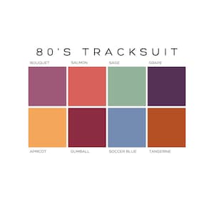 Puede incluir: Una paleta de colores con los nombres "Bouquet", "Salmón", "Salvia", "Uva", "Albaricoque", "Chicle", "Azul de fútbol" y "Mandarina" escritos debajo de cada muestra de color. Los colores están dispuestos en una cuadrícula de dos filas y cuatro columnas.