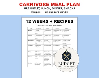 Carnivore Diet Meal Plan | 3-Month Weekly Meal Planner Printable PDF with Recipes, Snacks & Shopping Lists