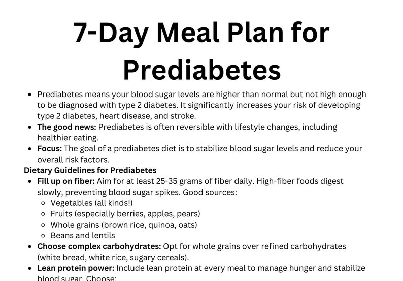 7day Meal Plan for Prediabetes Diet PDF Printable Breakfast, Lunch