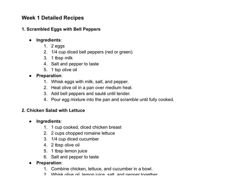 May include: A handwritten recipe list for scrambled eggs with bell peppers and chicken salad with lettuce. The recipes include ingredients and preparation steps.