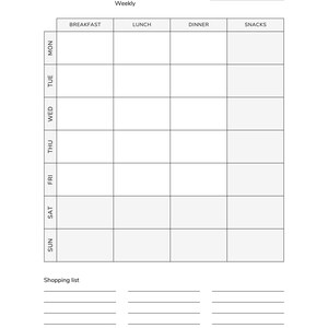 May include: A white weekly meal planner with the text "Easy Meal Planner" at the top. The planner includes sections for breakfast, lunch, dinner, and snacks, with space for each day of the week and a shopping list.