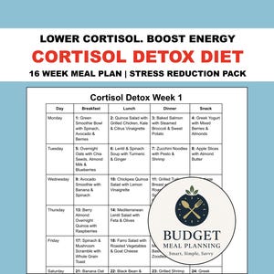 May include: A meal plan chart titled "Cortisol Detox Diet" with a 16-week plan for stress reduction. The chart lists breakfast, lunch, dinner, and snack options for each day of the week, including smoothie bowls, salads, and various entrees.