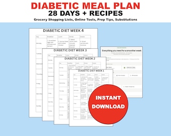 Diabetic Diet Meal Plan, 28 Day Recipes, Weekly Meal Planner, Grocery Shopping Lists