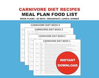 May include: A stack of Carnivore Diet meal plan sheets with a blue background. The text at the top reads "Carnivore Diet Recipes Meal Plan Food List". A red circle with "Instant Download" is in the lower right corner.