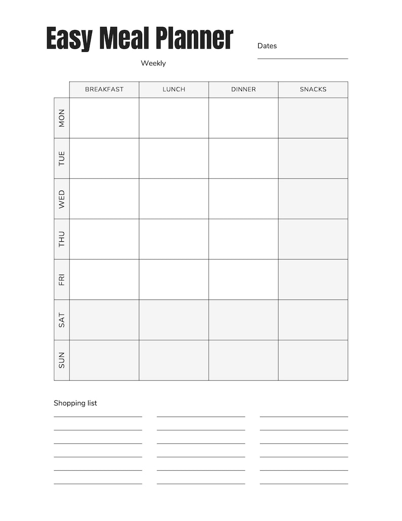 Puede incluir: Un planificador de comidas imprimible en blanco y negro con una cuadr&iacute;cula para planificar las comidas para cada d&iacute;a de la semana. El planificador incluye secciones para el desayuno, el almuerzo, la cena y los refrigerios. Tambi&eacute;n hay una secci&oacute;n para una lista de compras.