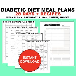 Piano alimentare per la dieta diabetica PDF stampabile / Idee per pasti per diabetici + ricette Colazione, pranzo, cena, spuntini per 28 giorni / Foglio dietetico per diabete di tipo 2