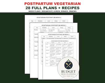Plan de alimentación vegetariana posparto, planificador de recetas posparto sencillo, lista de compras de alimentos a base de plantas