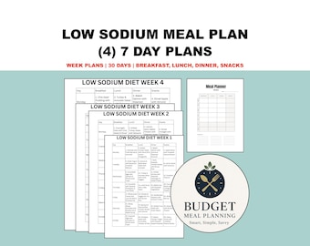 May include: A low sodium meal plan with (4) 7-day plans. The image shows a stack of diet plan sheets with a meal planner and a Budget Meal Planning logo. The text includes "Breakfast, Lunch, Dinner, Snacks".