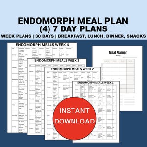 Könnte beinhalten: Ein druckbarer Ernährungsplan für Endomorphe mit vier 7-Tage-Plänen für insgesamt 30 Tage. Der Ernährungsplan umfasst Frühstück, Mittagessen, Abendessen und Snacks. Das Bild enthält auch einen leeren Ernährungsplaner.