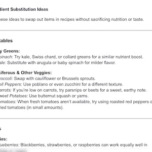 Puede incluir: Una lista de ideas de sustituci&oacute;n de ingredientes para verduras y frutas. La lista incluye sugerencias para verduras de hoja verde, verduras cruc&iacute;feras y bayas.