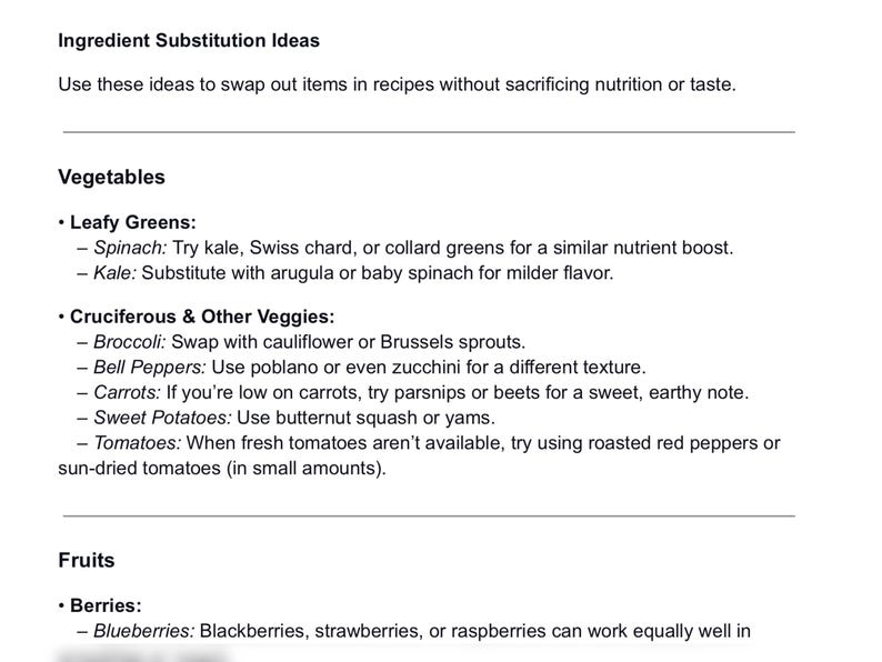 Puede incluir: Una lista de ideas de sustituci&oacute;n de ingredientes para verduras y frutas. La lista incluye sugerencias para verduras de hoja verde, verduras cruc&iacute;feras y bayas.