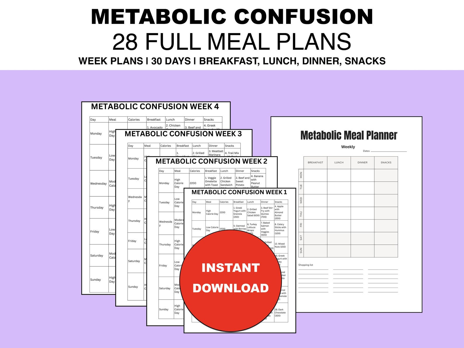 Metabolic Confusion Meal Plan | Printable PDF |7-day Plans | Breakfast ...