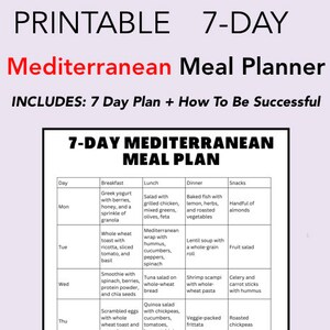 Mediterranean Diet 7-day Meal Plan, PDF Printable, Print Friendly for Weight Loss Planner