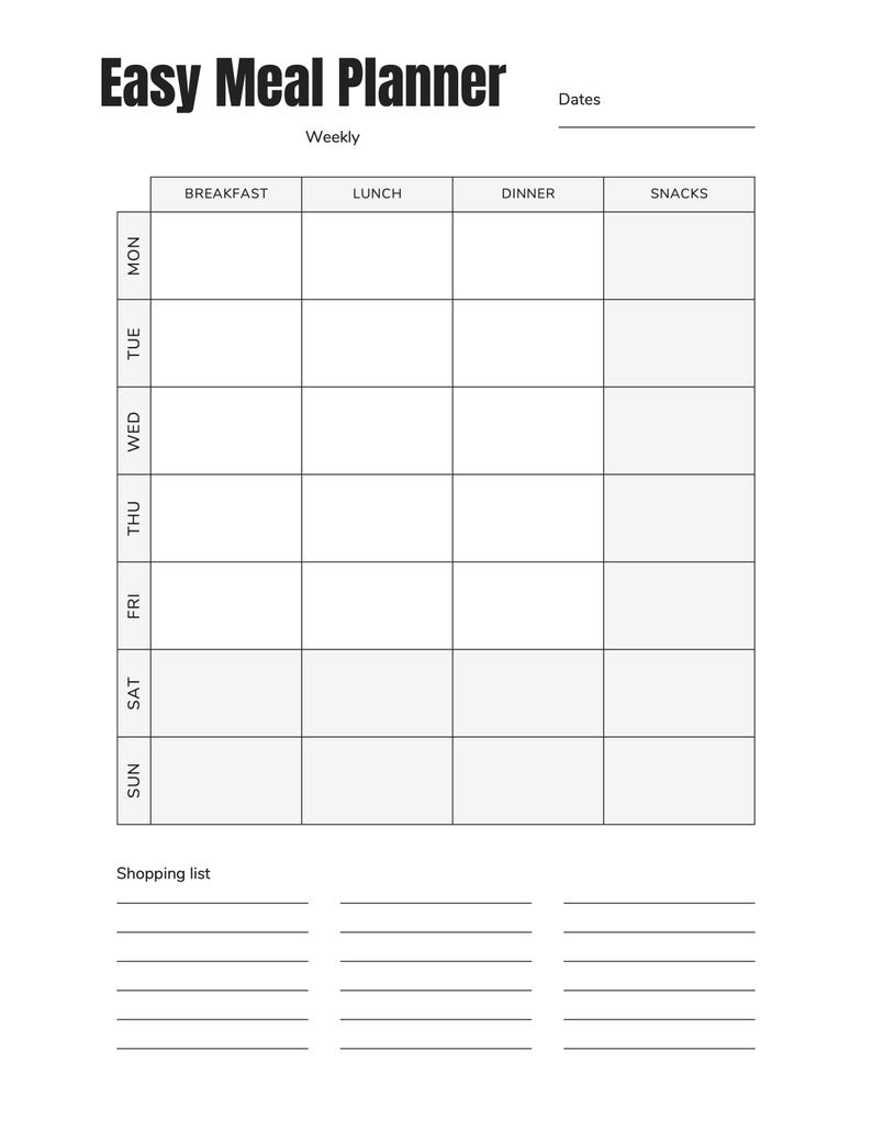 May include: A black and white printable meal planner with a grid for planning meals for each day of the week. The planner includes sections for breakfast, lunch, dinner, and snacks. There is also a section for a shopping list.