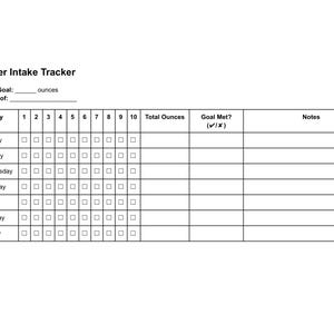 May include: A black and white water intake tracker with the title "Water Intake Tracker". The tracker includes spaces to record daily water intake in ounces, with checkboxes for each day of the week and a section to note if the goal was met.