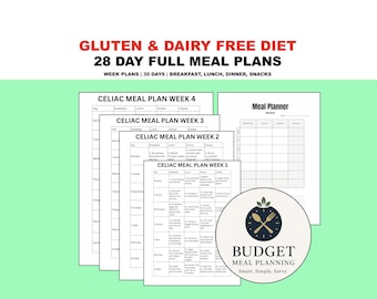 May include: Printed meal plan sheets for a gluten and dairy-free diet are stacked. The text reads "28 Day Full Meal Plans" and "Celiac Meal Plan Week 1, 2, 3, 4". A round logo with a fork and spoon is also visible.