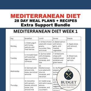 Mediterranean Diet 28-Day Meal Plan PDF Bundle with Healthy Recipes & Snack Ideas, Printable