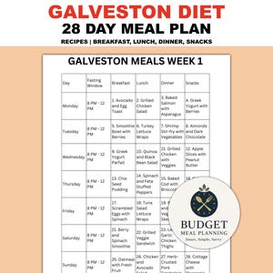 May include: A meal plan titled "Galveston Diet 28 Day Meal Plan" with recipes for breakfast, lunch, dinner, and snacks. The plan is organized by day, with fasting windows and meal suggestions, including avocado toast, grilled chicken salad, and baked salmon.