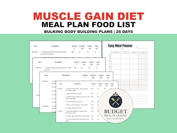 Muscle Gain Bulking Meal Plan, 28-Day Men's Body Building Diet, Weight Gain Planner Recipes