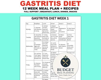 Plan de alimentación para la gastritis (PDF), Recetas para la dieta de 12 semanas para la gastritis, Tabla de alimentos, Planificador de comidas con lista de la compra