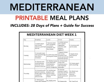 Mediterranean Diet 7-Day Weekly Meal Plan PDF | Printable Weight Loss Planner with Recipes & Snack Ideas