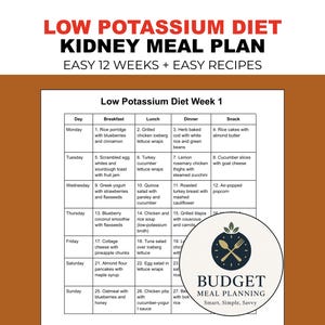 Op de afbeelding: Een nierdieetplan met weinig kalium en gemakkelijke recepten. Het plan is voor 12 weken en bevat een gedetailleerd weekmenu met opties voor ontbijt, lunch, diner en snacks. De afbeelding bevat ook een logo voor Budget Meal Planning.