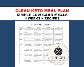 Puede incluir: Un plan de comidas cetogénico limpio para 4 semanas con recetas. La imagen muestra un plan de comidas semanal con opciones de desayuno, almuerzo, cena y merienda. El plan incluye recetas para huevos, ensaladas.