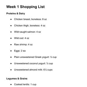 Puede incluir: Una lista de la compra para la semana 1, con una secci&oacute;n para prote&iacute;nas y l&aacute;cteos, y una secci&oacute;n para legumbres y cereales. La lista incluye art&iacute;culos como pechuga de pollo, salm&oacute;n, huevos, yogur griego, yogur de coco, leche de almendras y lentejas.